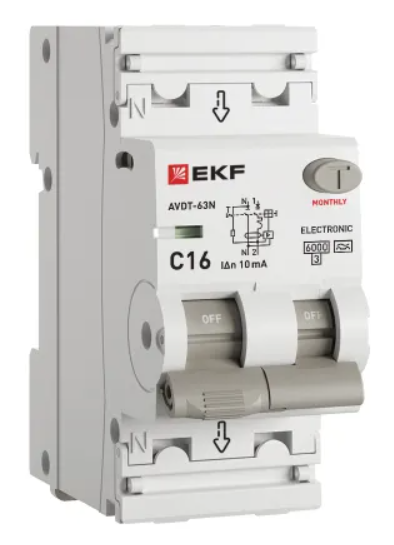 Устройство защитного отключения EKF PROXIMA АВДТ-63N 1P+N 16А 10мА х-ка С тип A электронный 6кА купить с доставкой по РФ