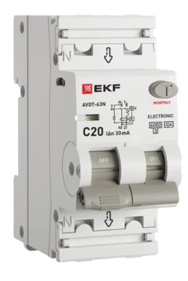 Устройство защитного отключения EKF PROxima Дифавтомат 20А 30мА АВДТ-63N 6кА электронный тип А , 1P+N купить с доставкой по РФ