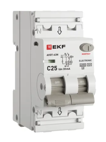 Устройство защитного отключения EKF PROXIMA АВДТ-63N 1P+N 25А 30мА х-ка C тип A электронный 6кА купить с доставкой по РФ