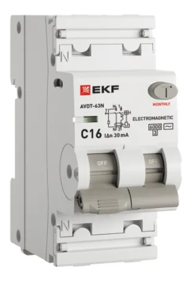 Устройство защитного отключения EKF PROXIMA АВДТ-63N 1P+N 16А 30мА х-ка C тип AC электромеханический 6кА купить с доставкой по РФ