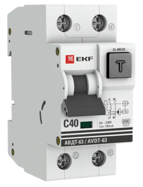 Дифференциальный автомат EKF PROxima АВДТ-63 40А/100мА (характеристика C, эл-мех, тип АС) 6кА купить с доставкой по РФ