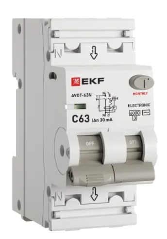 Выключатель автоматический EKF дифференциальный 1P+N 63А 30мА АВДТ-63N хар-ка C тип AC электронный 6кА купить с доставкой по РФ