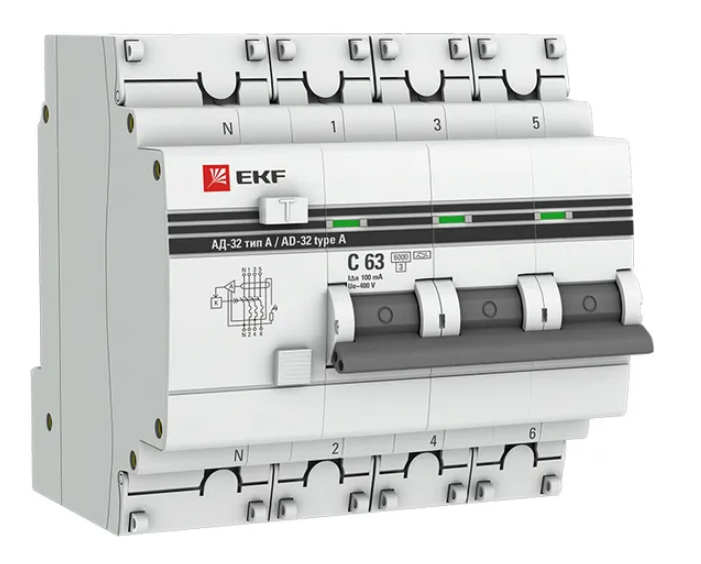 Выключатель автоматический EKF дифференциальный АД-32 3P+N 63А/300мА (хар. C, A, электронный, защита 270В) 6кА купить с доставкой по РФ