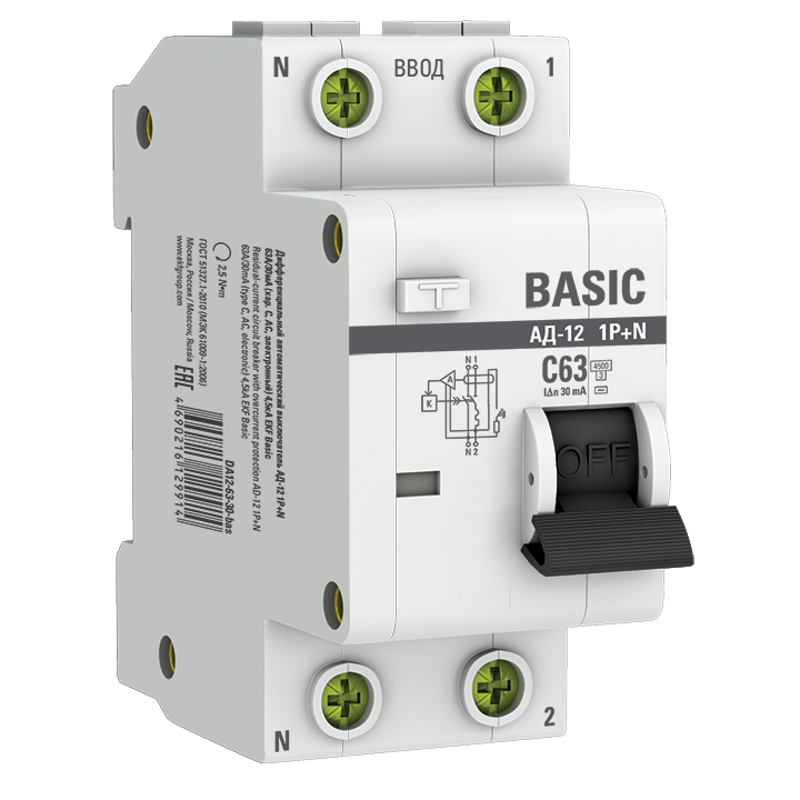 Автоматический выключатель дифференциального тока EKF Basic АД-12 63А (1P+N) C 4,5kA 30мА тип AC