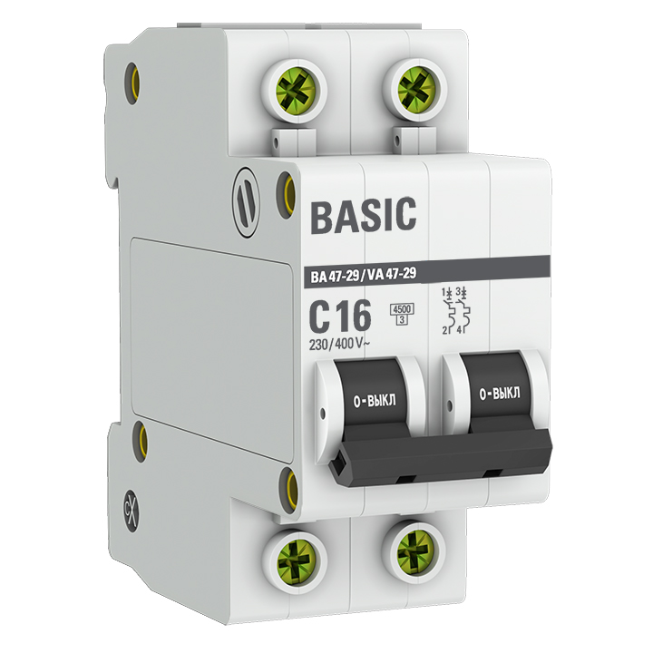 Выключатель автоматический EKF Basic 16А двухполюсный характеристика C 4,5кA тип AC ВА47-29