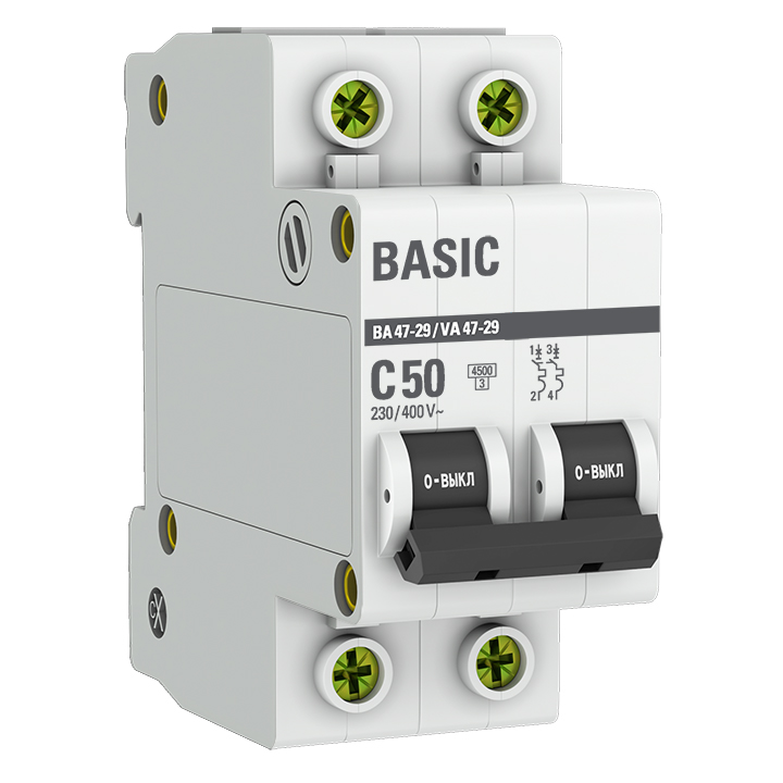 Выключатель автоматический EKF Basic 50А двухполюсный характеристика C 4,5кA тип AC ВА47-29