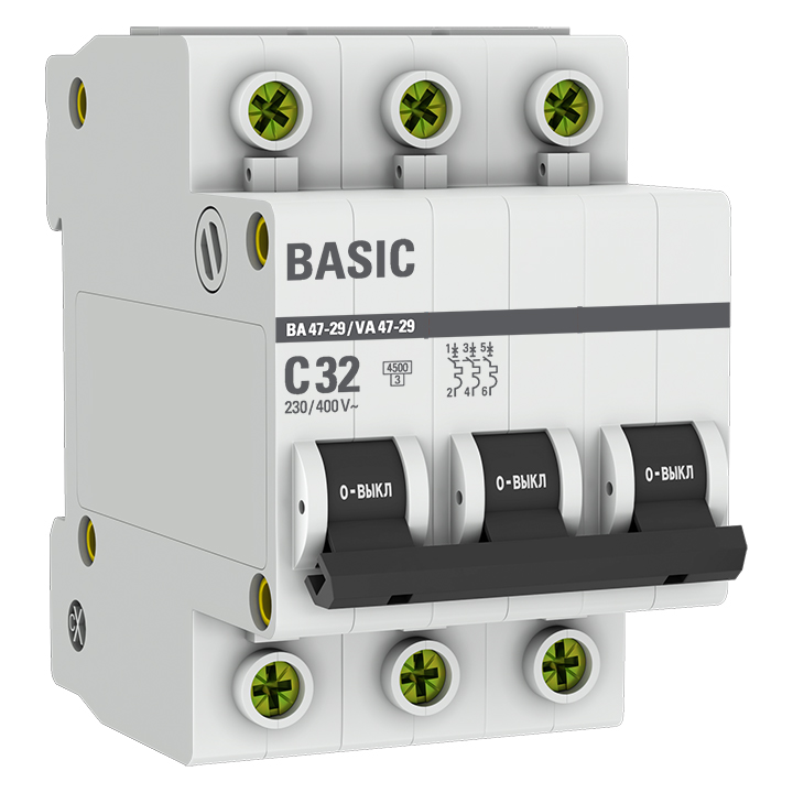Выключатель автоматический EKF Basic 32А трехполюсный характеристика C 4,5кA тип AC ВА47-29