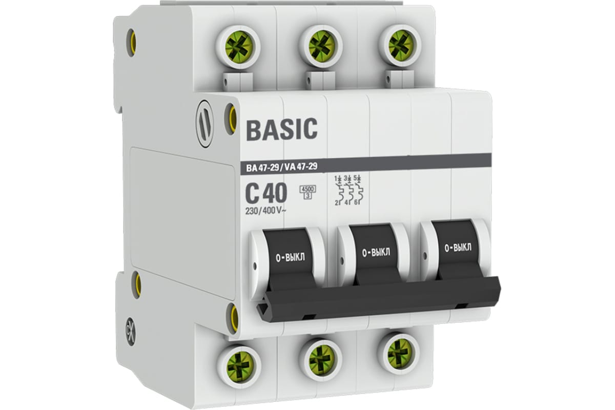 Выключатель автоматический EKF Basic 40А трехполюсный характеристика C 4.5кА тип AC ВА47-29