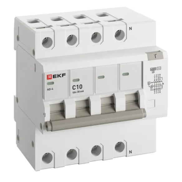 Выключатель автоматический EKF дифференциальный АД-4 10А/30мА (характеристика C, тип AC) 4,5кА купить с доставкой по РФ