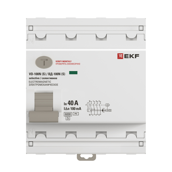 Выключатель дифференциального тока EKF PROxima ВД-100N S 4п 40А 100мА тип AC 6кА заказать со складов по всей России