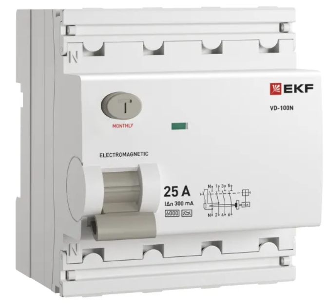 Выключатель дифференциального тока EKF PROXIMA ВД-100N 4P 25А 300мА A эл-мех 6кА купить с доставкой по РФ
