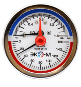 Термоманометр Экомера МД04-63мм 0..1,6МПа 0..160С G1\4 с переходником на G1\2 Осевой