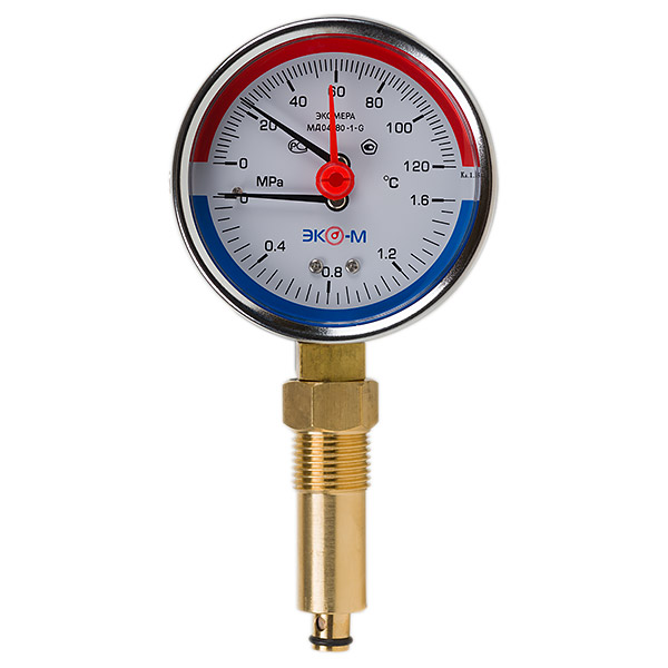 Термоманометр ЭКОМЕРА 120С 1,6МПа Дк80 G1/4"радиал в/к перех G1/2" L=40мм