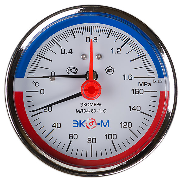 Термоманометр ЭКОМЕРА 120С 1,6МПа Дк80 G1/4"осевой в/к перех G1/2" L=60мм