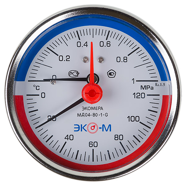 Термоманометр Экомера МД04-80мм 0..1МПа 0..120С G1\4 L=60 mm с переходником на G1\2 осевой