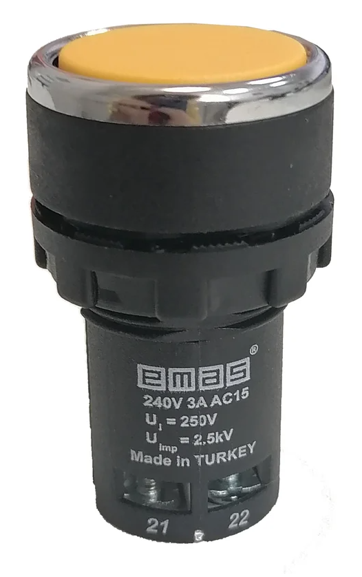 Кнопка нажимная моноблочная EMAS жёлтая 22мм, IP40, 1НЗ+1НЗ