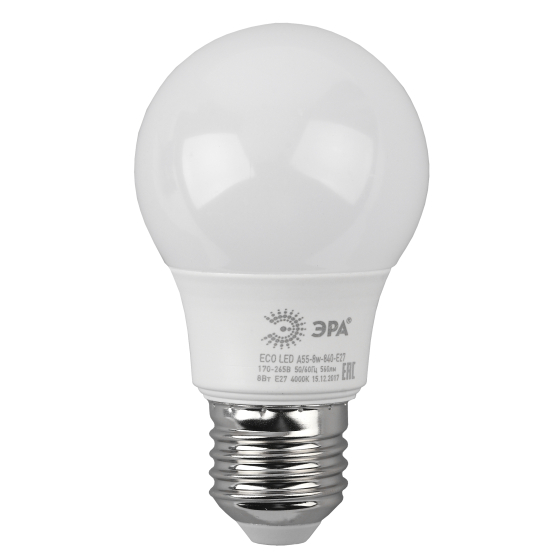 Лампа светодиодная ЭРА E27 8W 4000K матовая LED A55-8W-840-E27 R
