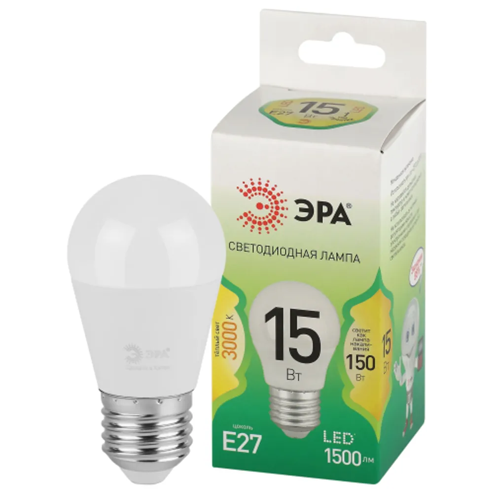 Лампочка светодиодная ЭРА GREEN LINE LED P45-15W-830-E27 GL E27 15 Вт шар теплый свет (кратно 1)