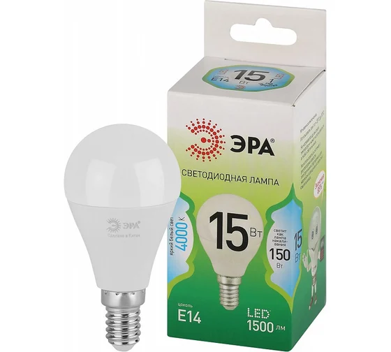 Лампа Эра светодиодная ЭРА GREEN LINE LED P45-15W-840-E14 GL E14 15 Вт шар яркий белый свет (кратно 1)