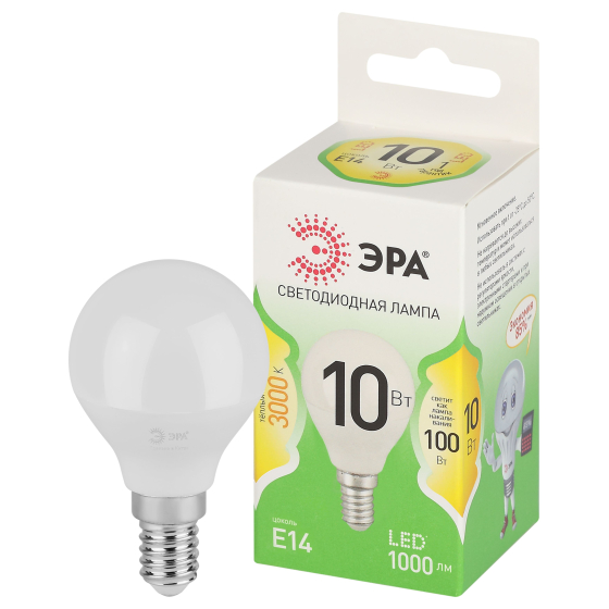 Лампочка светодиодная ЭРА GREEN LINE LED P45-10W-830-E14 GL E14 10 Вт шар теплый свет (кратно 1)