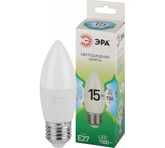 Лампочка светодиодная ЭРА GREEN LINE LED B35-15W-840-E27 GL E27 15 Вт свеча яркий белый свет (кратно 1)