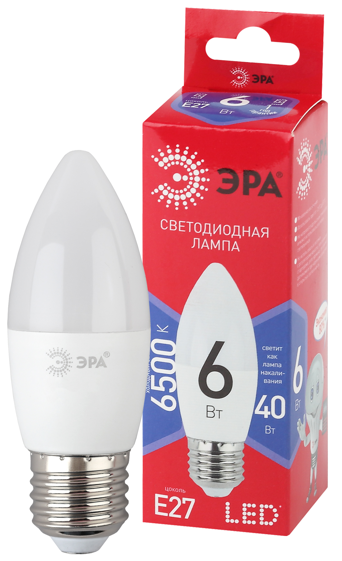 Лампа светодиодная ЭРА E27 6W 6500K матовая B35-6W-865-E27 R Б0045340 купить с доставкой по РФ