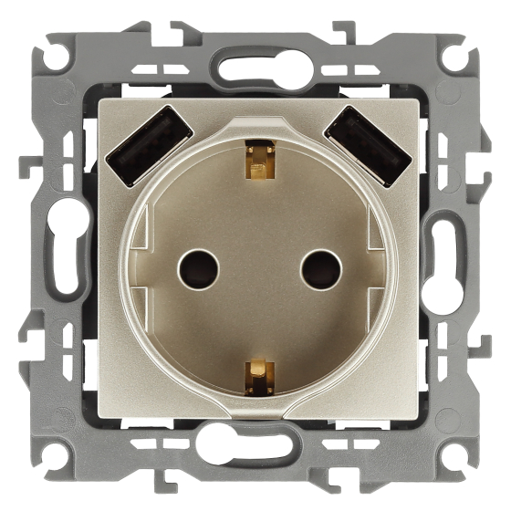 Розетка Intro Solo Schuko P+E 16A 250V со шторками 2хUSB шампань 12-4109-04 Б0047843 ЭРА купить с доставкой по РФ