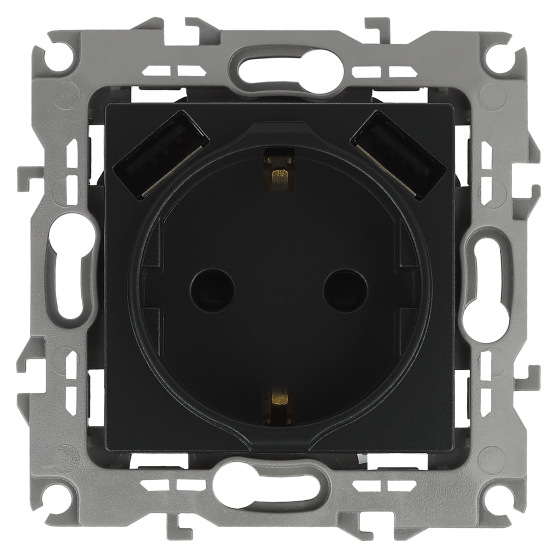 Розетка Intro Solo Schuko P+E 16A 250V со шторками 2хUSB антрацит 12-4109-05 Б0047844 ЭРА купить с доставкой по РФ