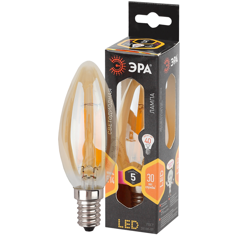 Лампочка светодиодная ЭРА F-LED B35-5W-827-E14 gold Е14 / Е14 5Вт филамент свеча золотистая теплый белый заказать со складов по всей России