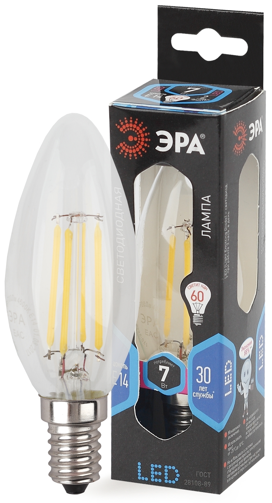 Лампа светодиодная филаментная ЭРА E14 7W 4000K прозрачная F-LED B35-7W-840-E14 Б0027943 купить с доставкой по РФ