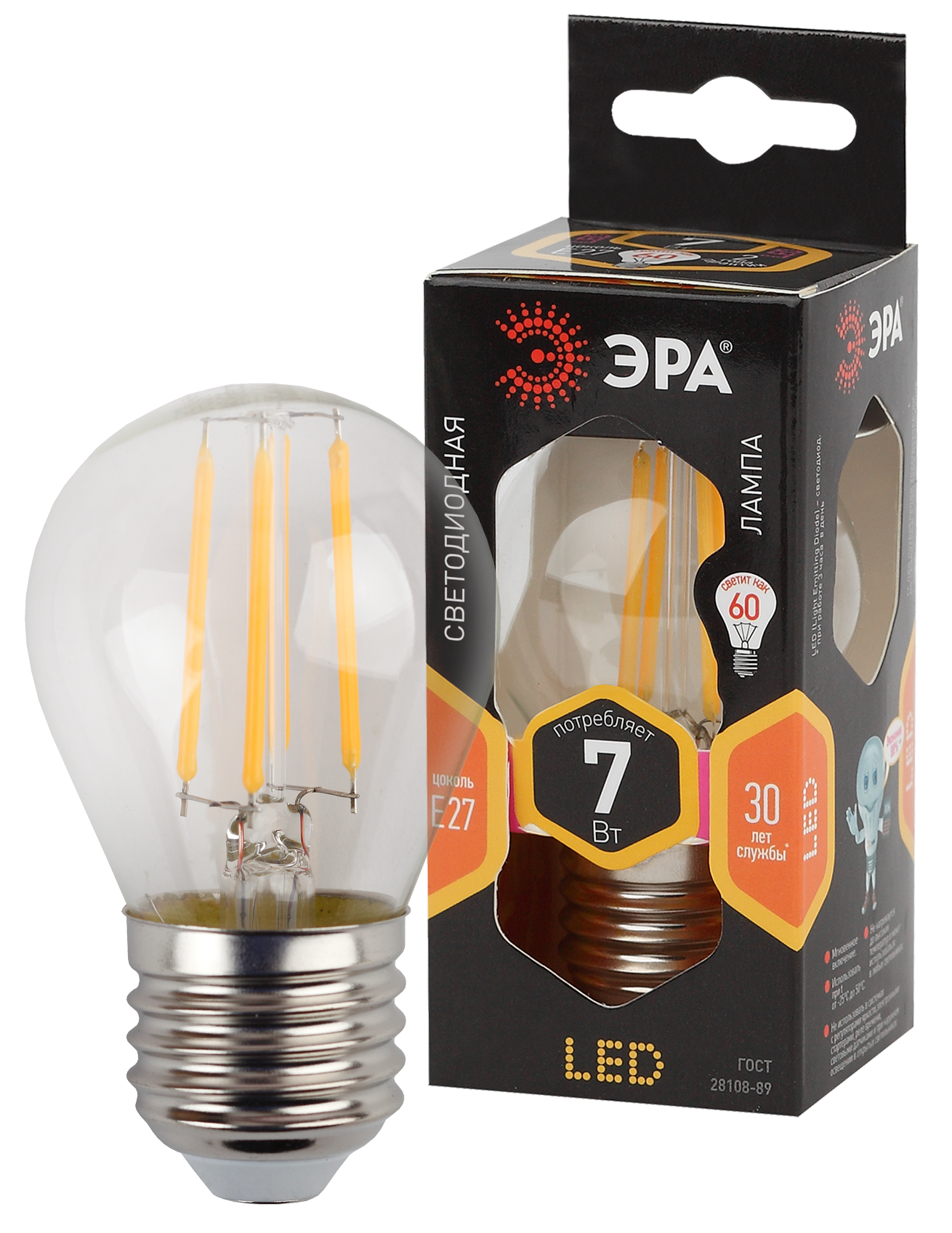 Лампа светодиодная филаментная ЭРА E27 7W 2700K прозрачная F-LED P45-7W-827-E27 Б0027948 купить с доставкой по РФ