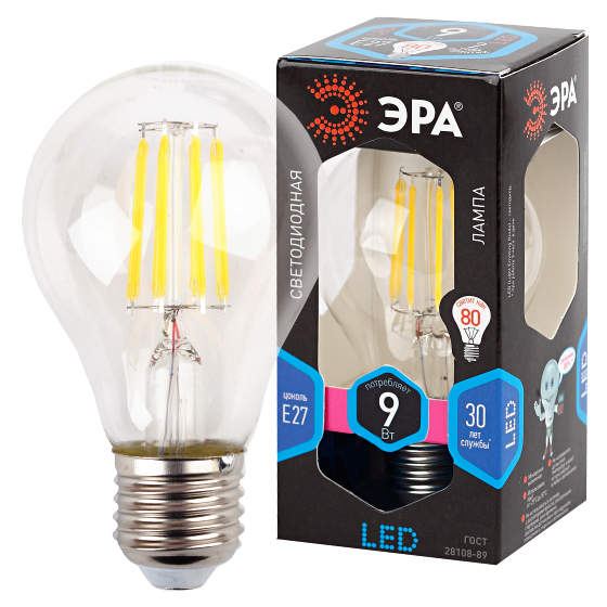 Лампа светодиодная филаментная ЭРА E27 9W 4000K прозрачная F-LED A60-9W-840-E27 Б0043434 купить с доставкой по РФ