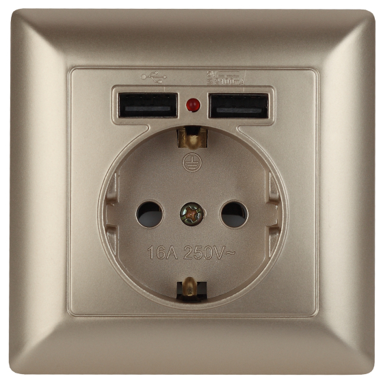 Розетка Intro Solo Schuko P+E 16A 250V со шторками 2хUSB шампань 4-410-04 Б0043406 ЭРА купить с доставкой по РФ