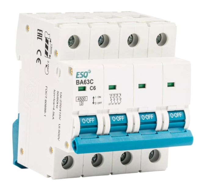 Автоматический выключатель ESQ BA63C-6 C 4P 0001 4 полюса, 1А, ток к.з. 6кА, хар-ка C купить с доставкой по РФ