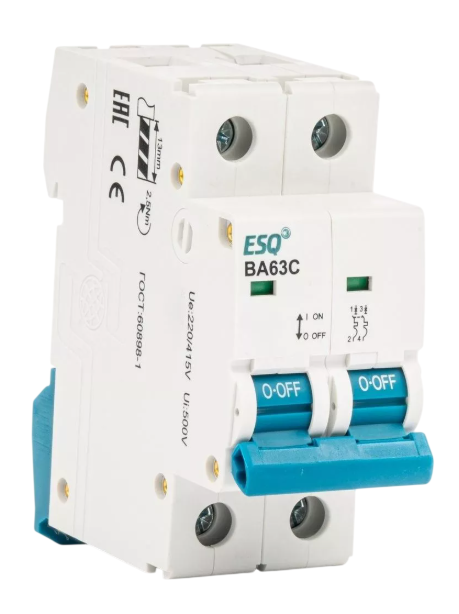 Автоматический выключатель ESQ ВА63C-10 C 2P 0063 2 полюсa, 63А ток к.з. 10кА хар-ка C купить с доставкой по РФ