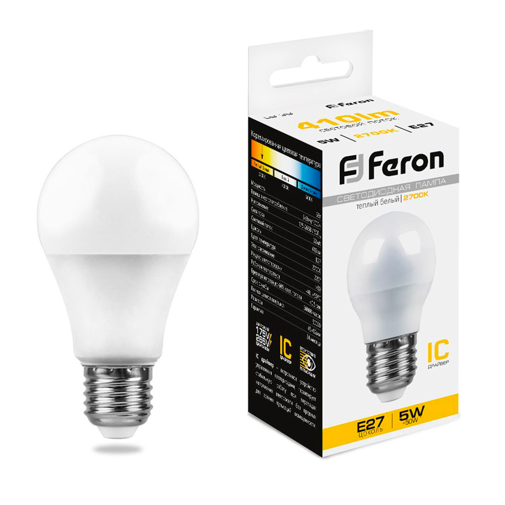 Лампа светодиодная Feron E27 5W 4000K Шар Матовая LB-38 25405