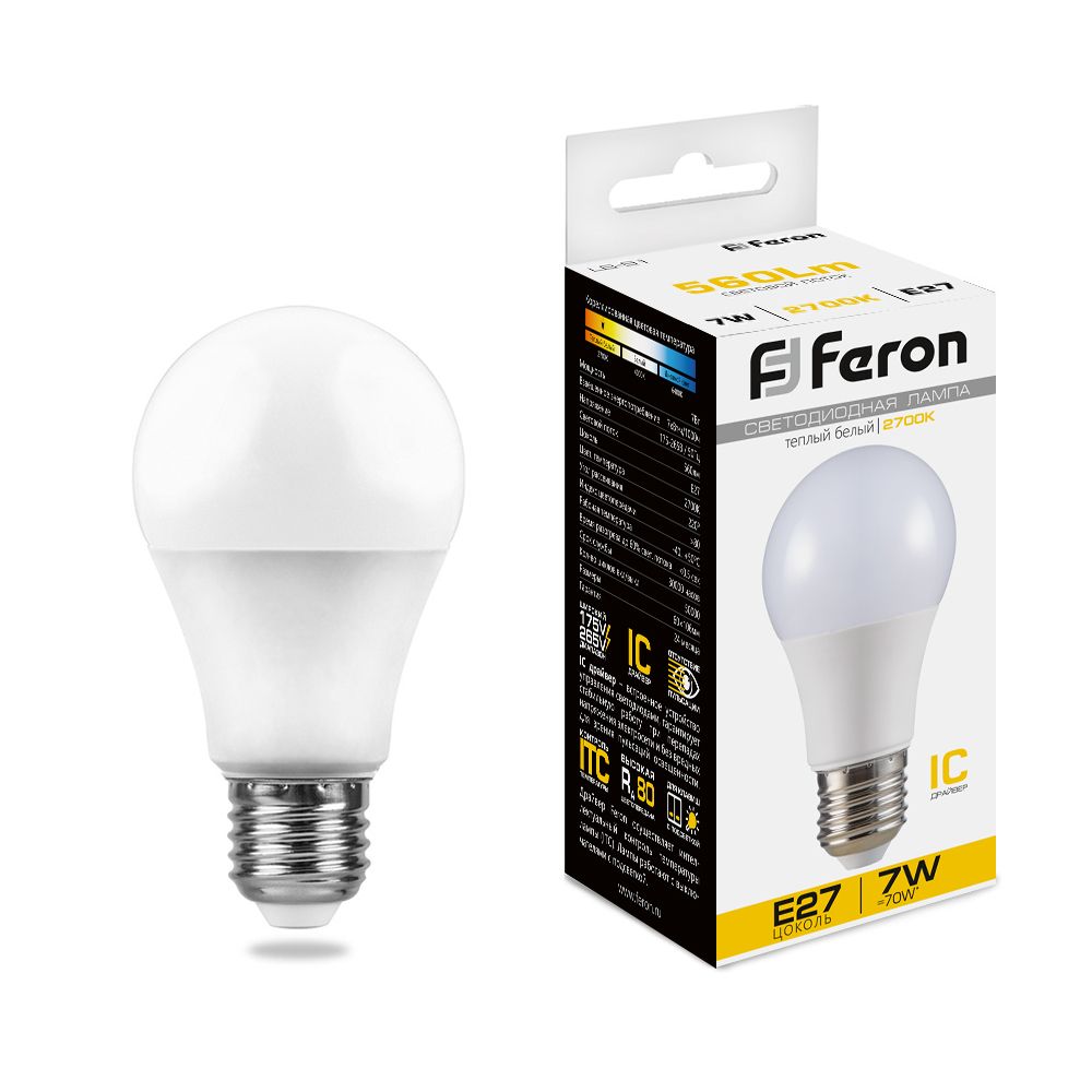 Лампа светодиодная Feron E27 7W 2700K Шар Матовая LB-91 25444