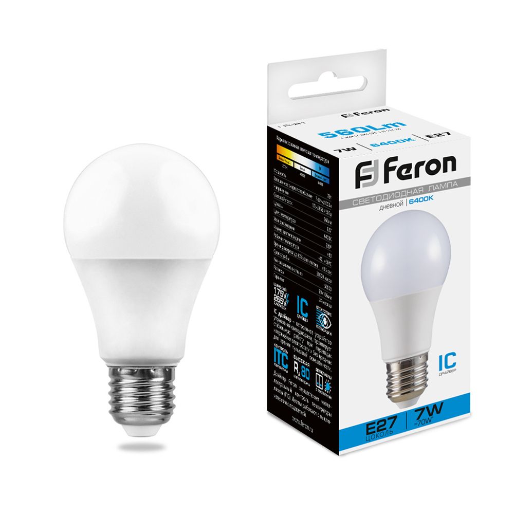 Лампа светодиодная Feron E27 7W 6400K Шар Матовая LB-91 25446