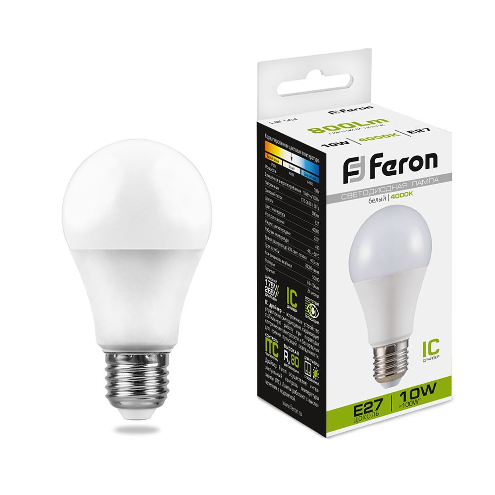 Лампа светодиодная Feron E27 10W 4000K Шар Матовая LB-92 25458