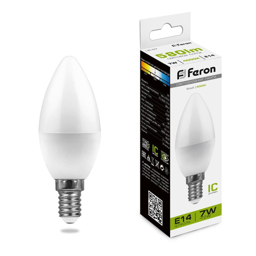 Лампа светодиодная Feron E14 7W 4000K Свеча матвоая LB-97 25476