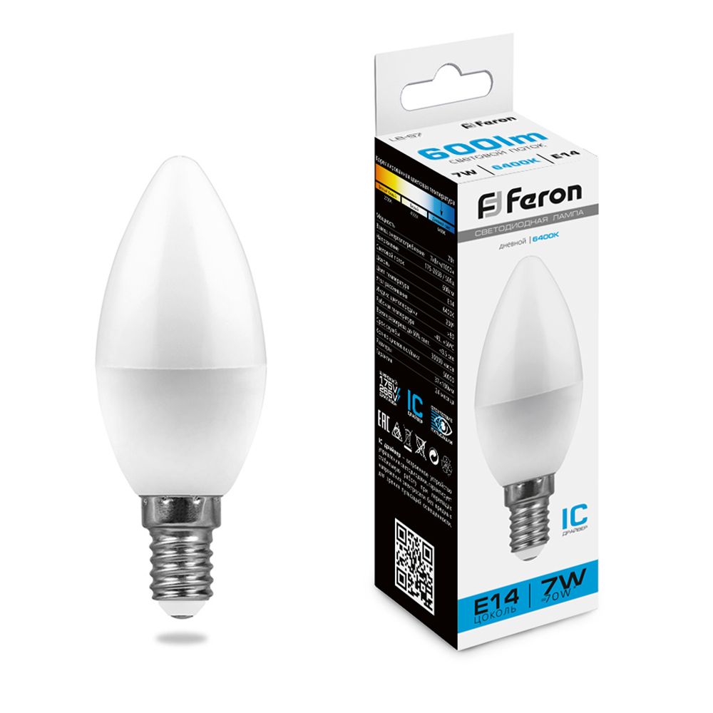 Лампа светодиодная Feron E14 7W 6400K Свеча Матовая LB-97 25477