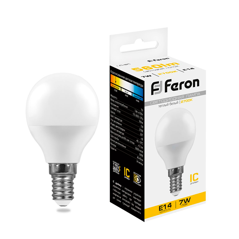 Лампа светодиодная Feron E14 7W 2700K Шар Матовая LB-95 25478