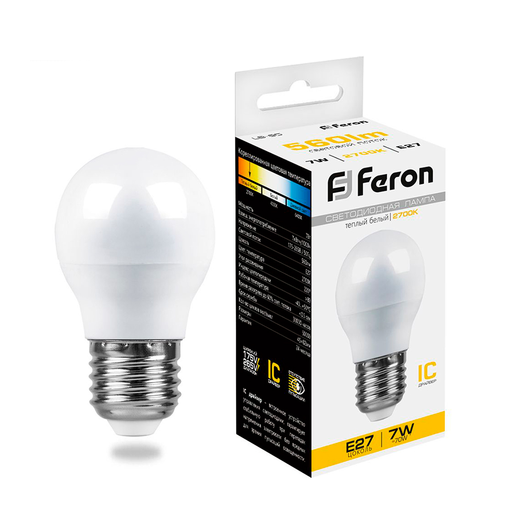 Лампа светодиодная Feron E27 7W 2700K Шар Матовая LB-95 25481