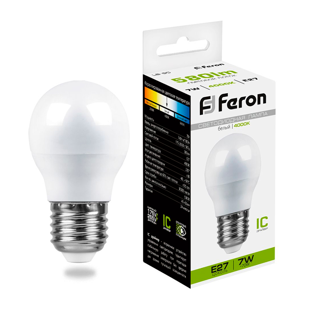 Лампа светодиодная Feron E27 7W 4000K Шар Матовая LB-95 25482