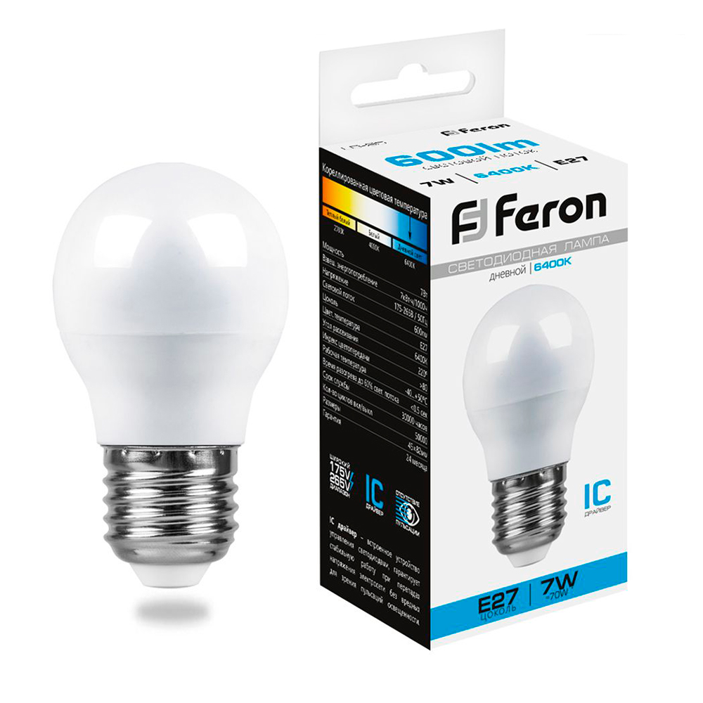 Лампа светодиодная Feron E27 7W 6400K Шар Матовая LB-95 25483