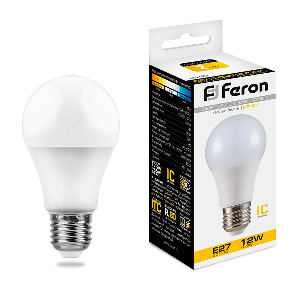 Лампа светодиодная Feron E27 12W 2700K Шар Матовая LB-93 25489