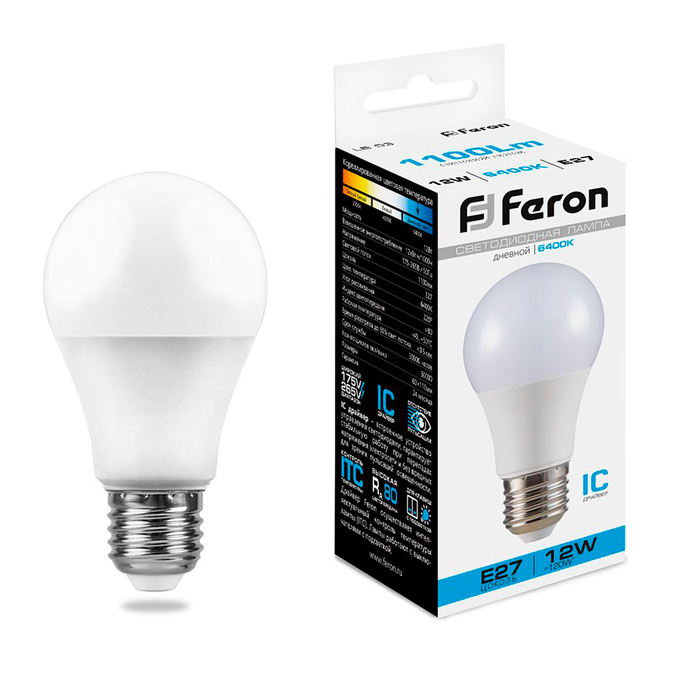 Лампа светодиодная Feron E27 12W 6400K Шар Матовая LB-93 25490