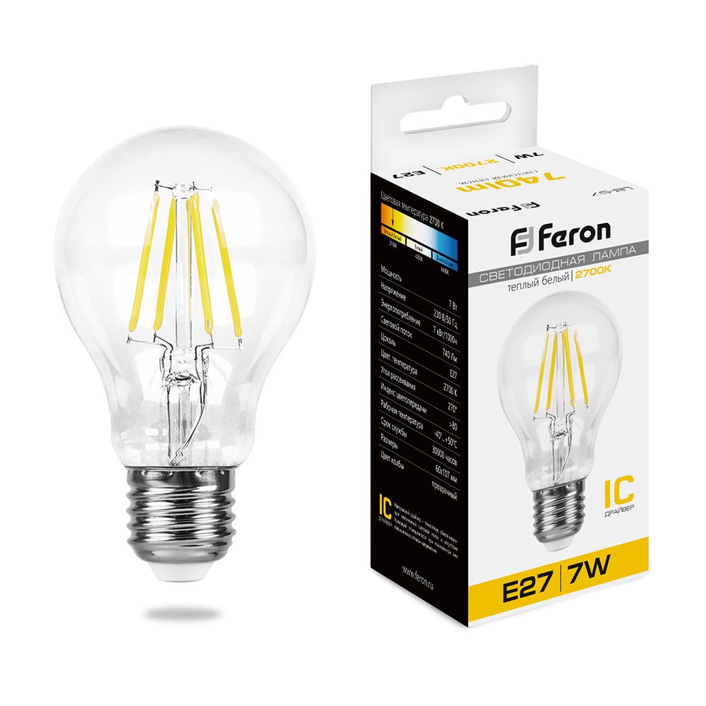 Лампа светодиодная филаментная Feron E27 7W 2700K Шар Прозрачная LB-57 25569