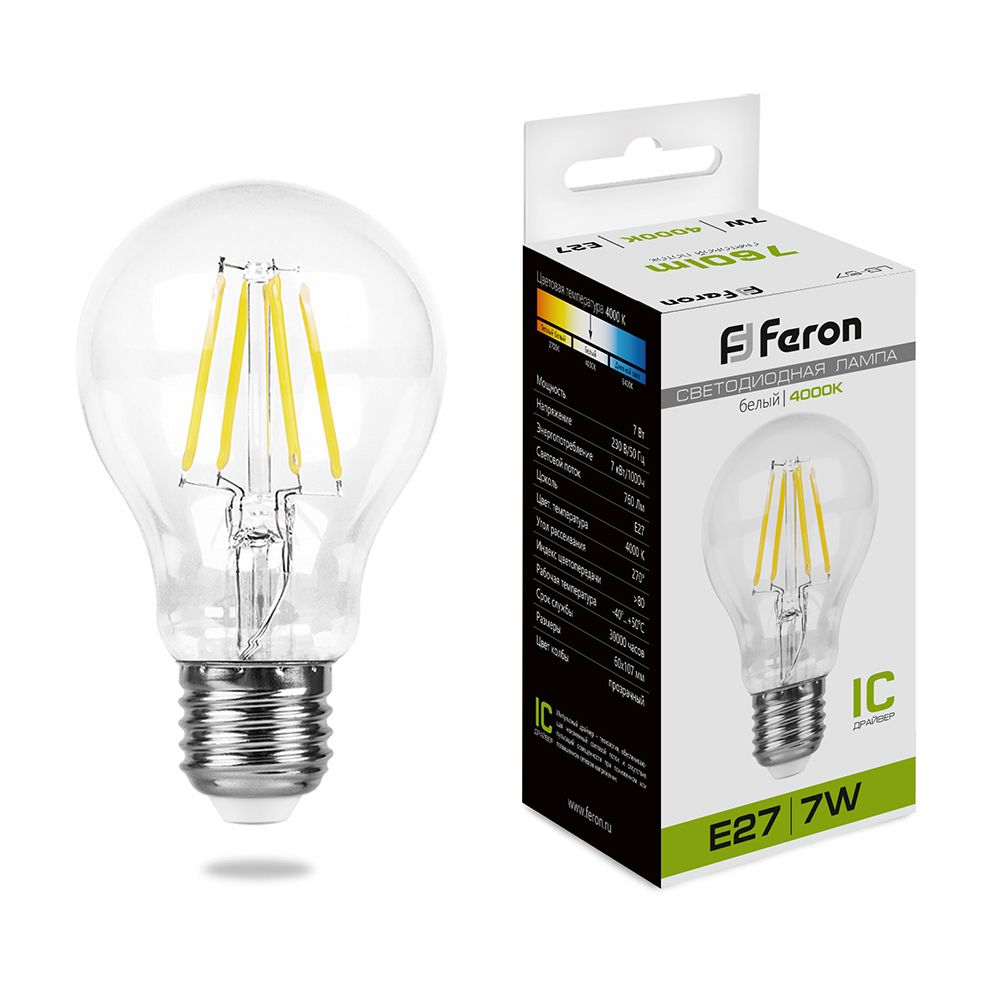 Лампа светодиодная филаментная Feron E27 7W 4000K Шар Прозрачная LB-57 25570