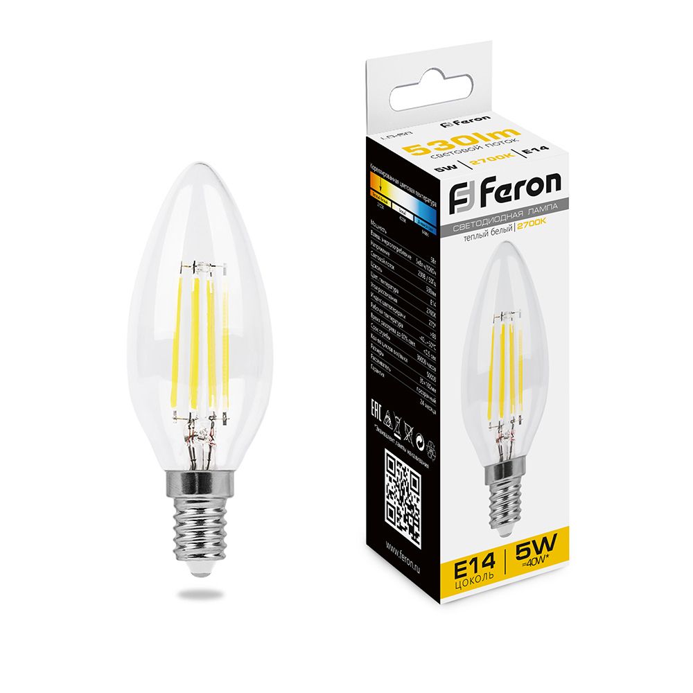 Лампа светодиодная филаментная Feron E14 5W 2700K Свеча Прозрачная LB-58 25572